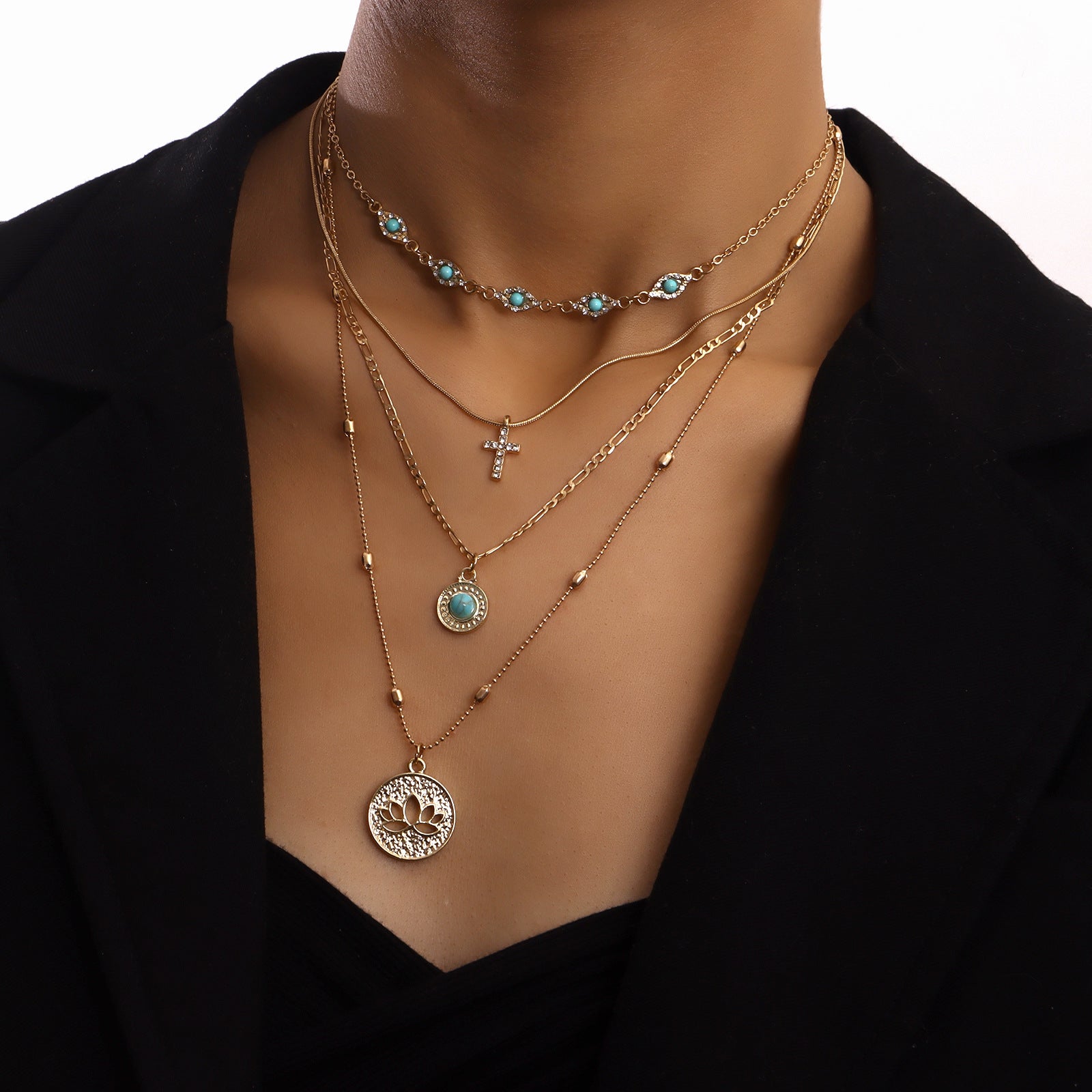 Jewelry Fashion Ins Multi-layer Small Hole Chain Hollow Flower Diamond Cross Pendant Necklace Women