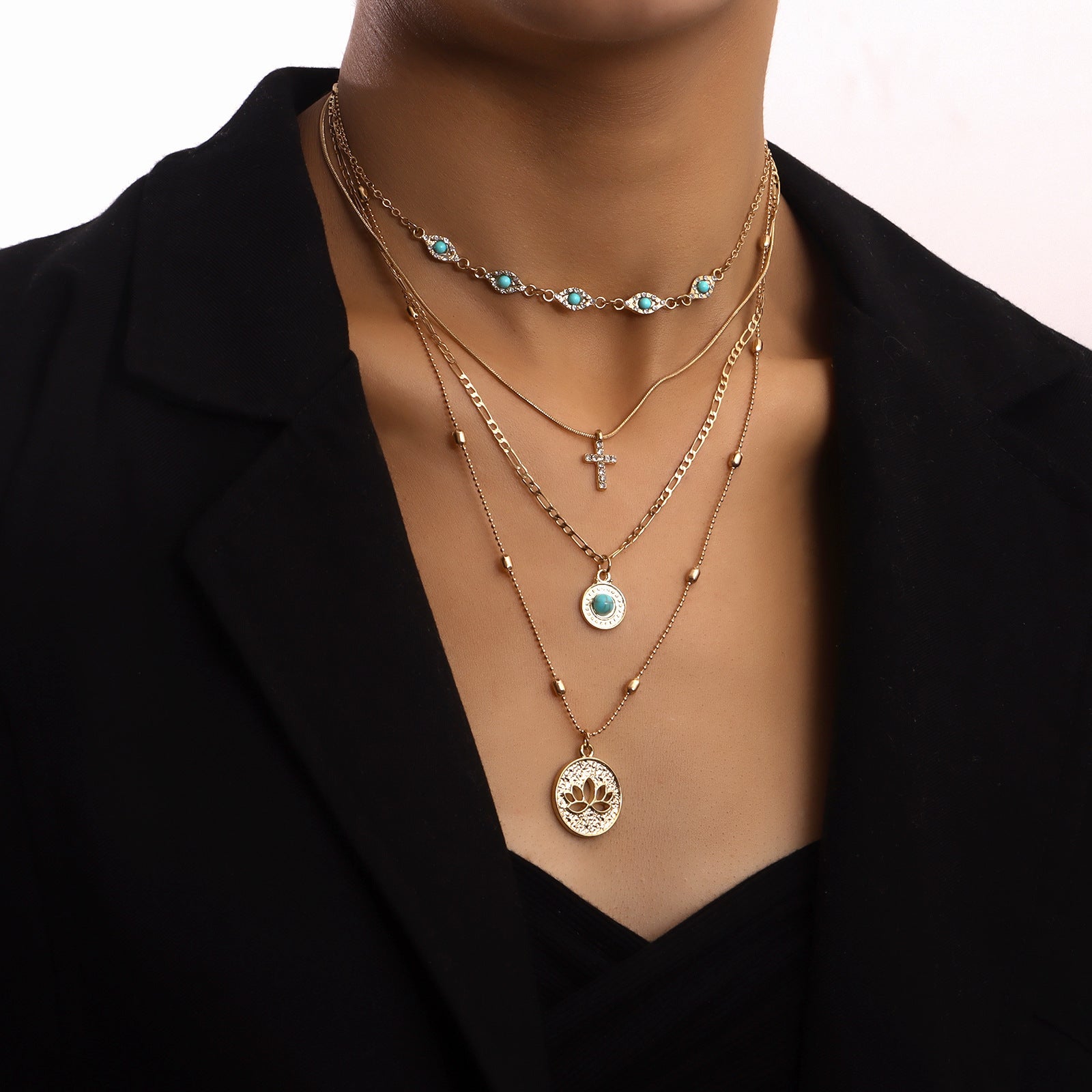 Jewelry Fashion Ins Multi-layer Small Hole Chain Hollow Flower Diamond Cross Pendant Necklace Women